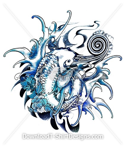 Blue Watercolor Japanese Koi Fish Flower Waves