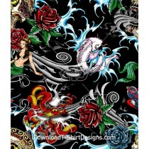 Pirate Skull Mermaid Rose Dragon Tattoo Seamless Pattern